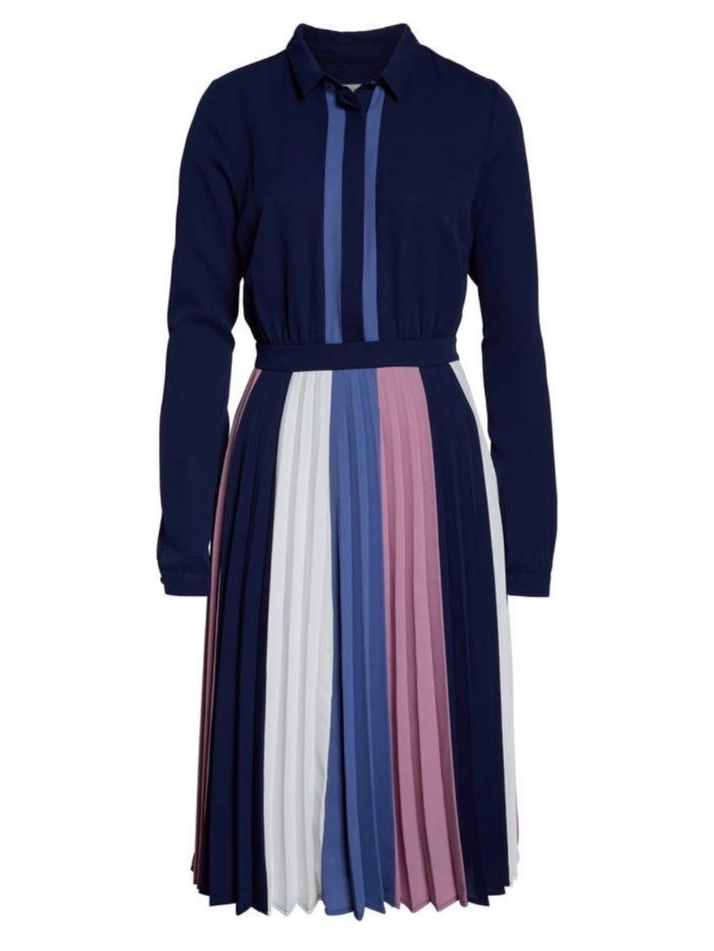 1901 Nordstrom | Navy | ColorBlock Pleated Long Sleeve Midi Dress L